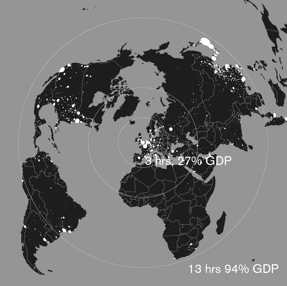 World map: 94% of global GDP within 13 hours flight time