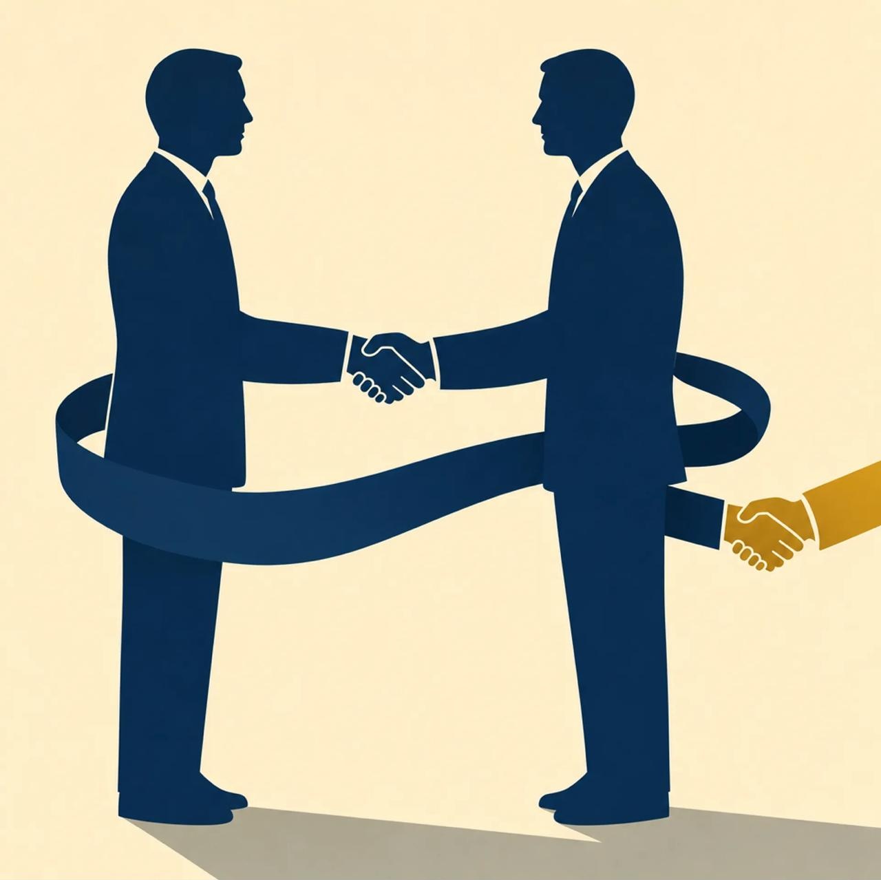 Two suited figures shake hands while a ribbon loops around them to a third, golden handshake behind one's back - the double agent